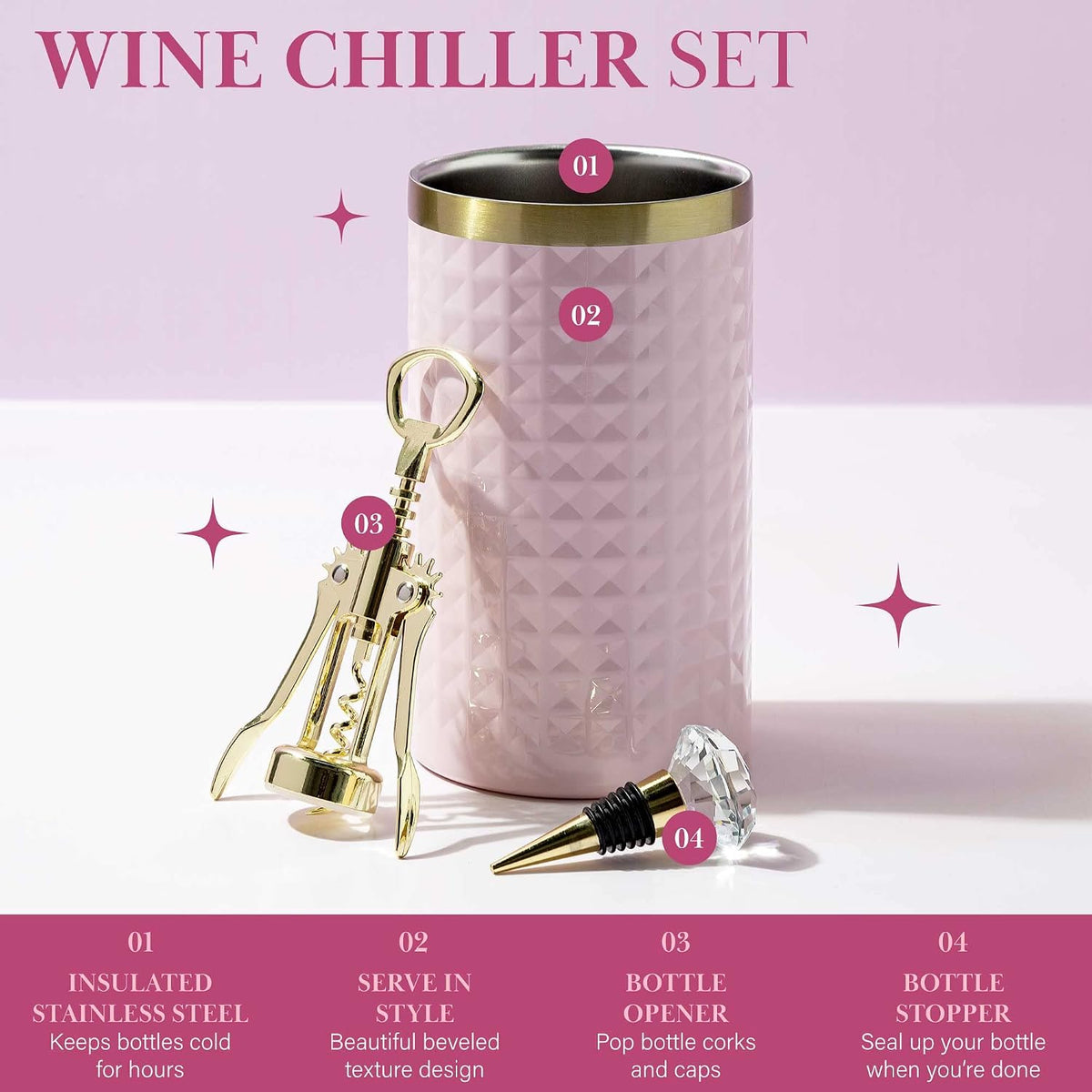 Wine Chiller Gift Set - Insulated Sleeve, Corkscrew & Stopper