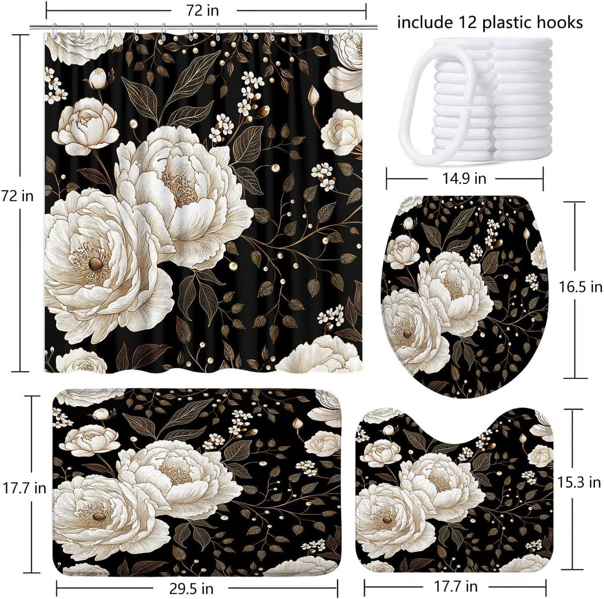 Black & Gold Boho Shower Curtain Set - 4 Piece Bath Decor