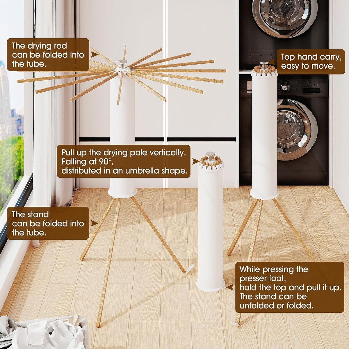 Foldable Clothes Drying Rack - 16 Wood Poles, Retractable