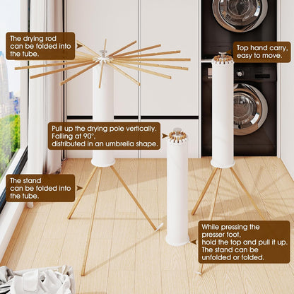 Foldable Clothes Drying Rack - 16 Wood Poles, Retractable