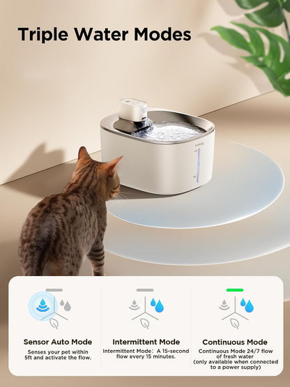 Wireless Cat Water Fountain - 135Oz, Motion Sensor, White