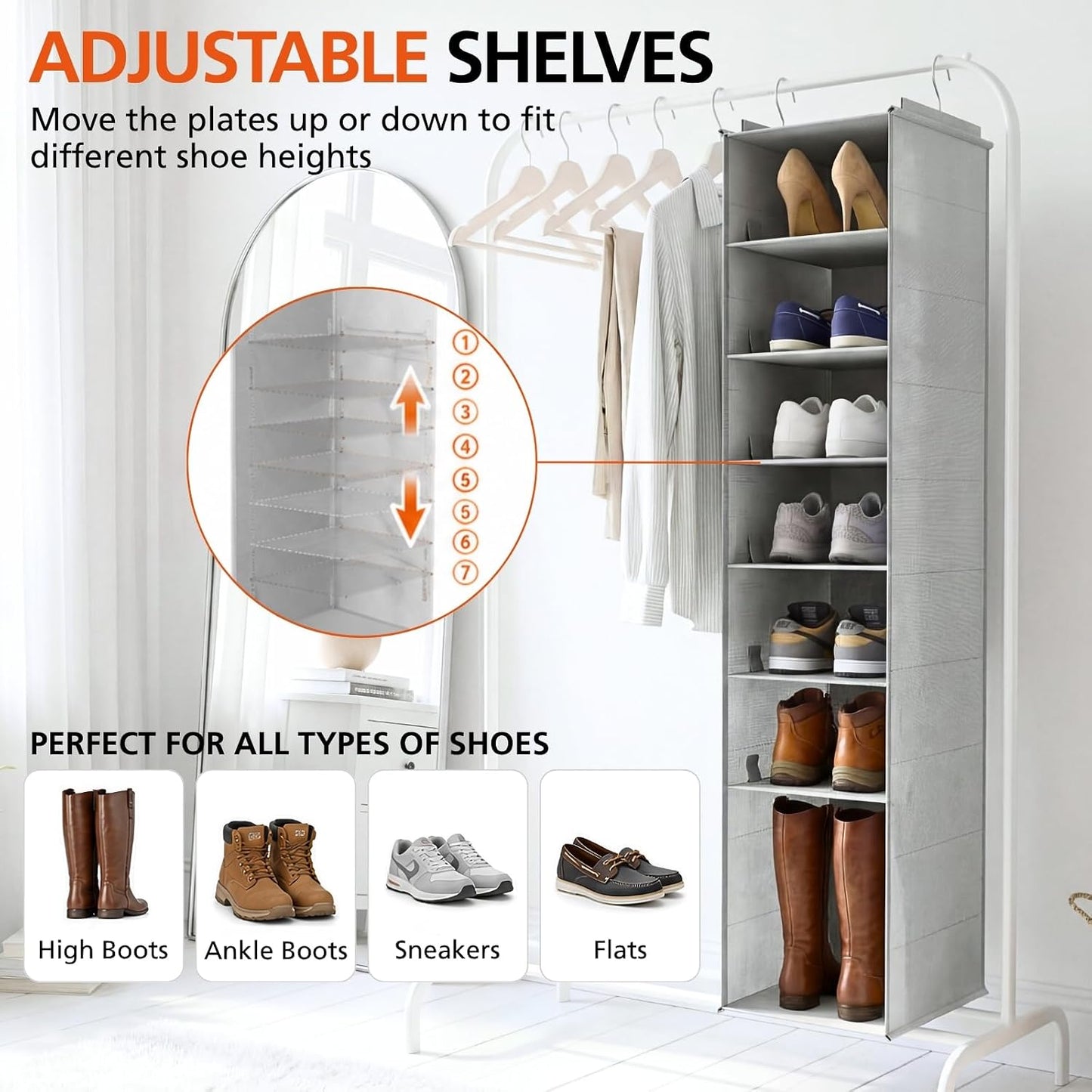 8-Tier Hanging Shoe Organizer - Adjustable Closet Rack