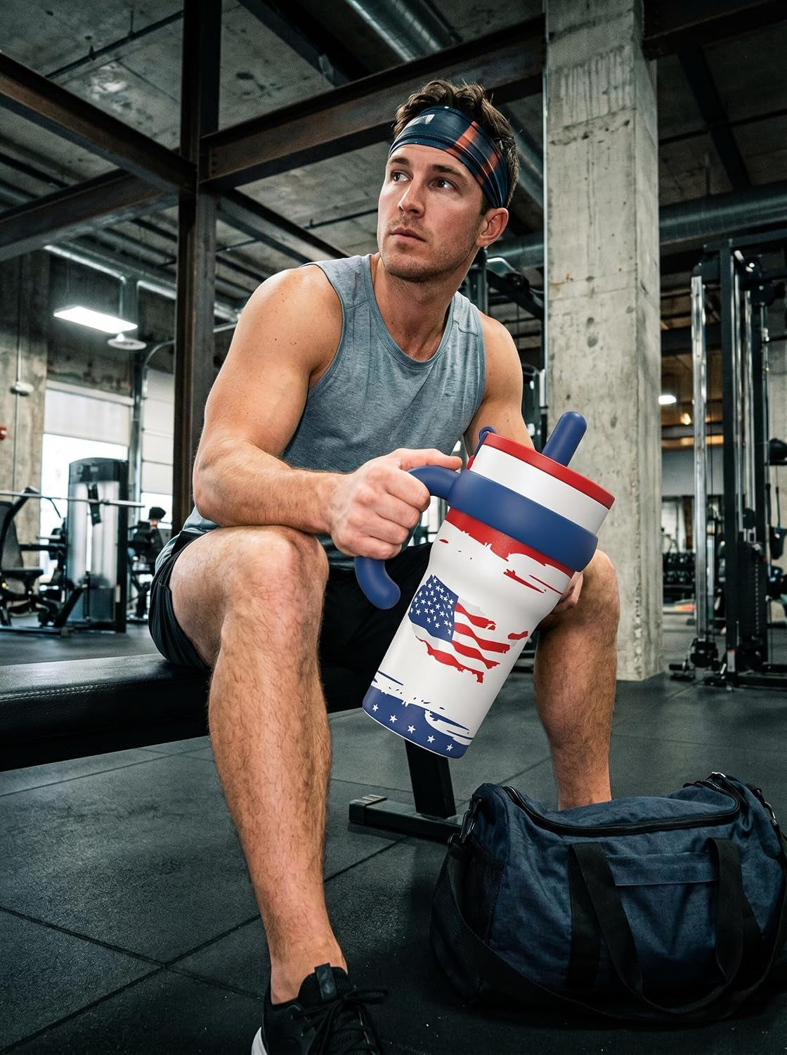 32Oz Insulated Tumbler with Handle & Straw - American Flag