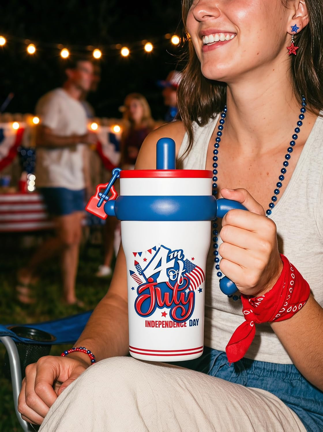 32Oz Insulated Tumbler with Handle & Straw - Stars & Stripes