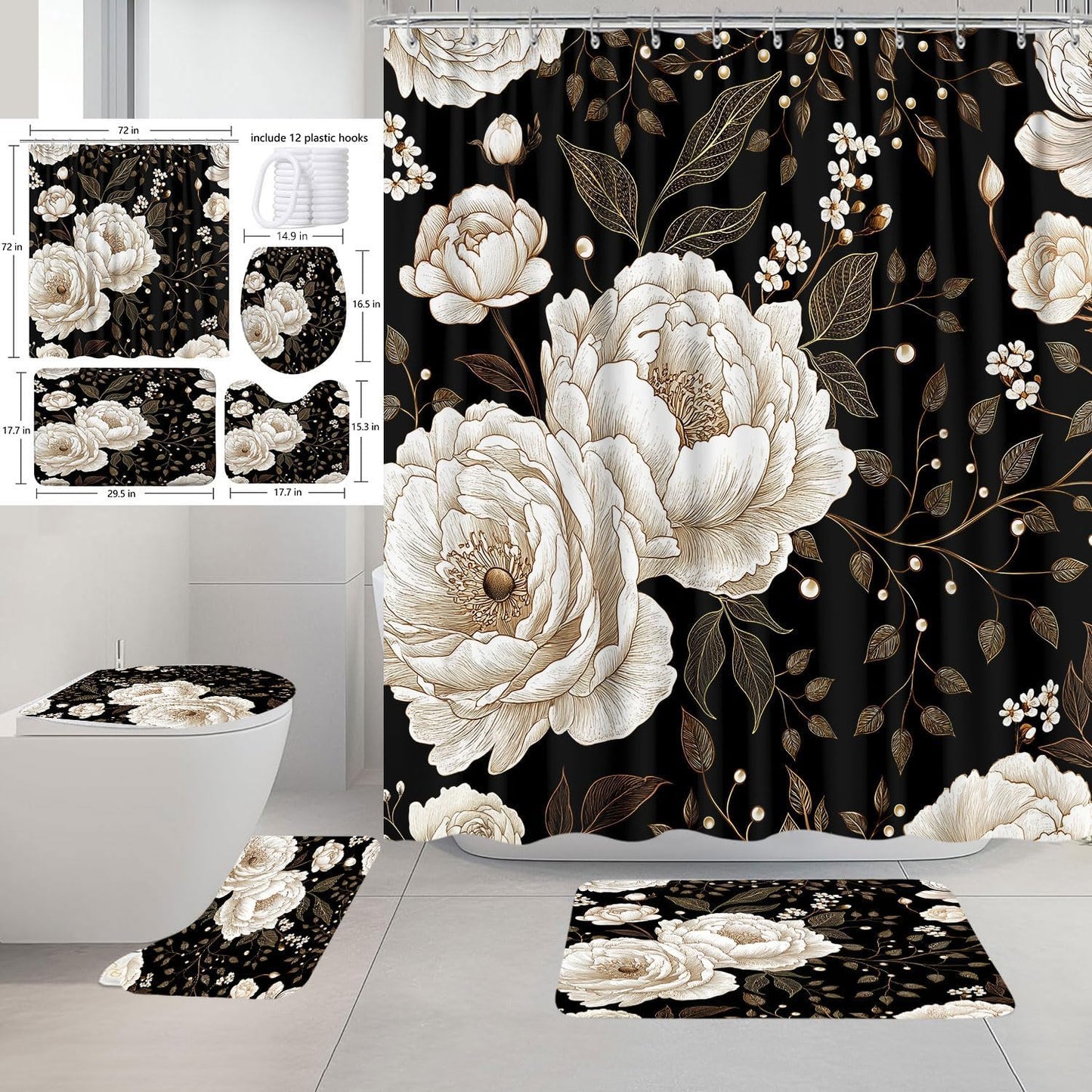 Black & Gold Boho Shower Curtain Set - 4 Piece Bath Decor