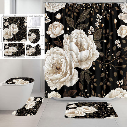 Black & Gold Boho Shower Curtain Set - 4 Piece Bath Decor