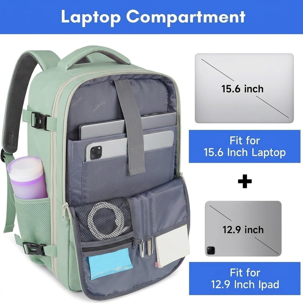 40L Carry-On Travel Backpack - Shoe Pouch, Green Beige