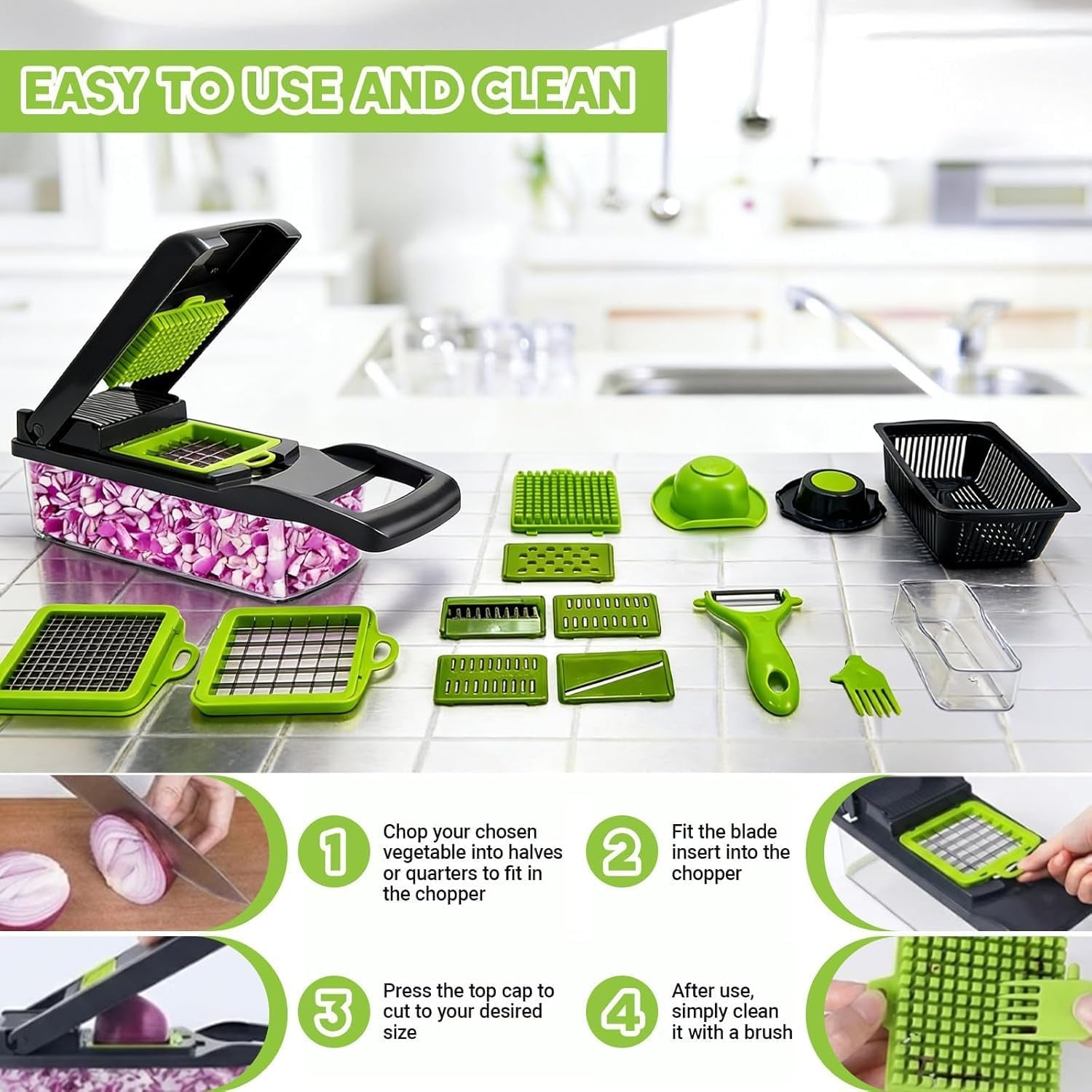 15-In-1 Vegetable Chopper - 7 Blades with Catch Container