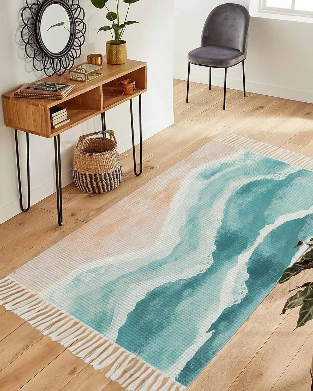 Boho Coastal Woven Rug 3X5 - Washable Cotton with Tassels