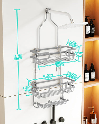 Hanging Shower Caddy - 12 Hooks & 2 Soap Trays, Silver