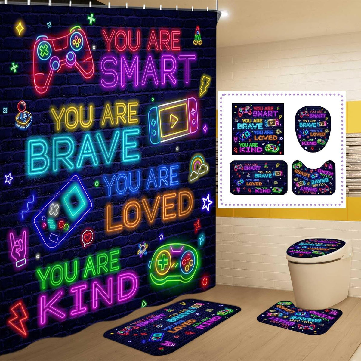 Neon Gamer Shower Curtain Set - 4 Piece with Rugs & Hooks