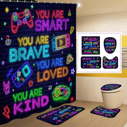 Neon Gamer Shower Curtain Set - 4 Piece with Rugs & Hooks