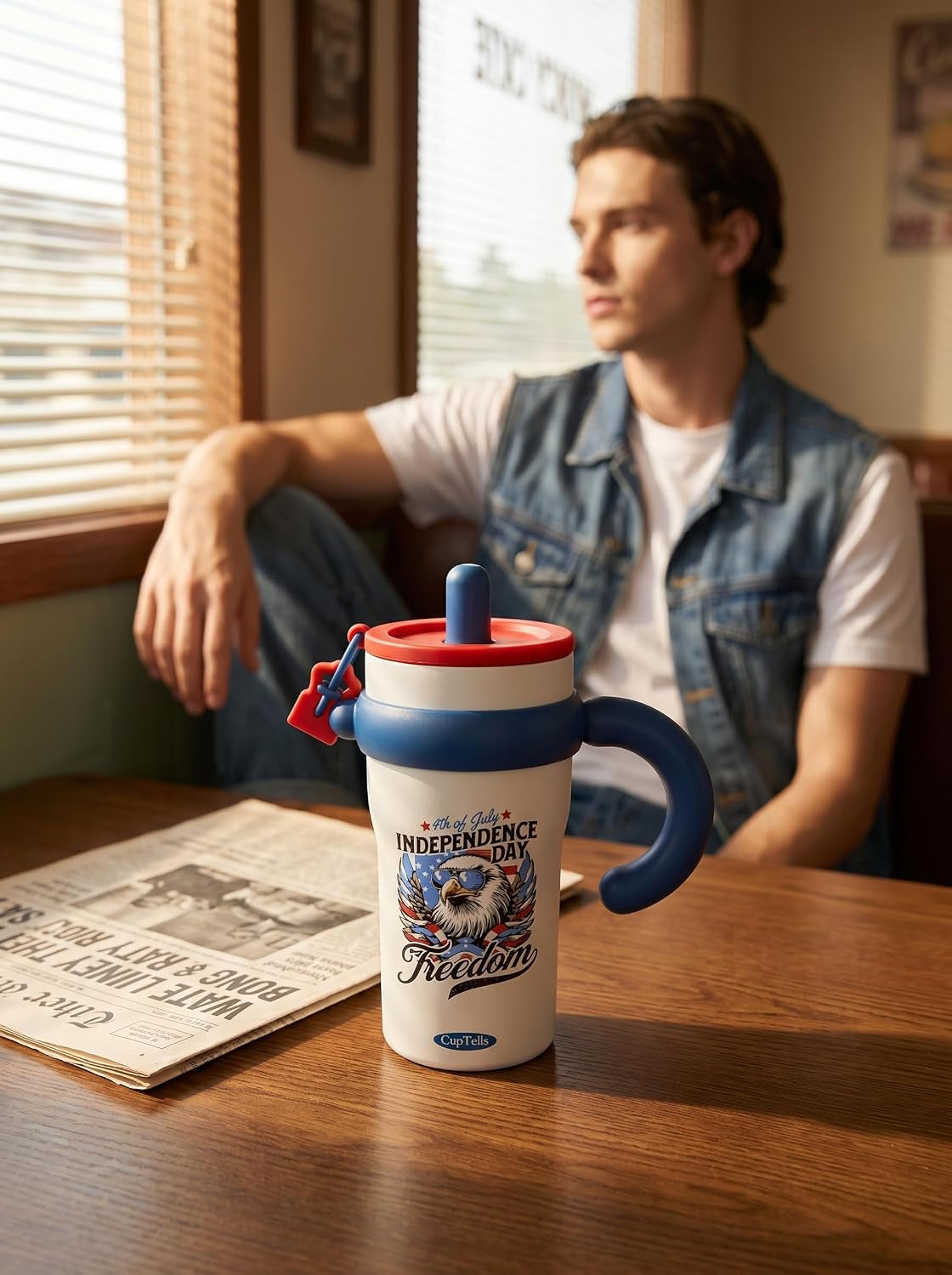 32Oz Insulated Tumbler with Handle & Straw - Bald Eagle