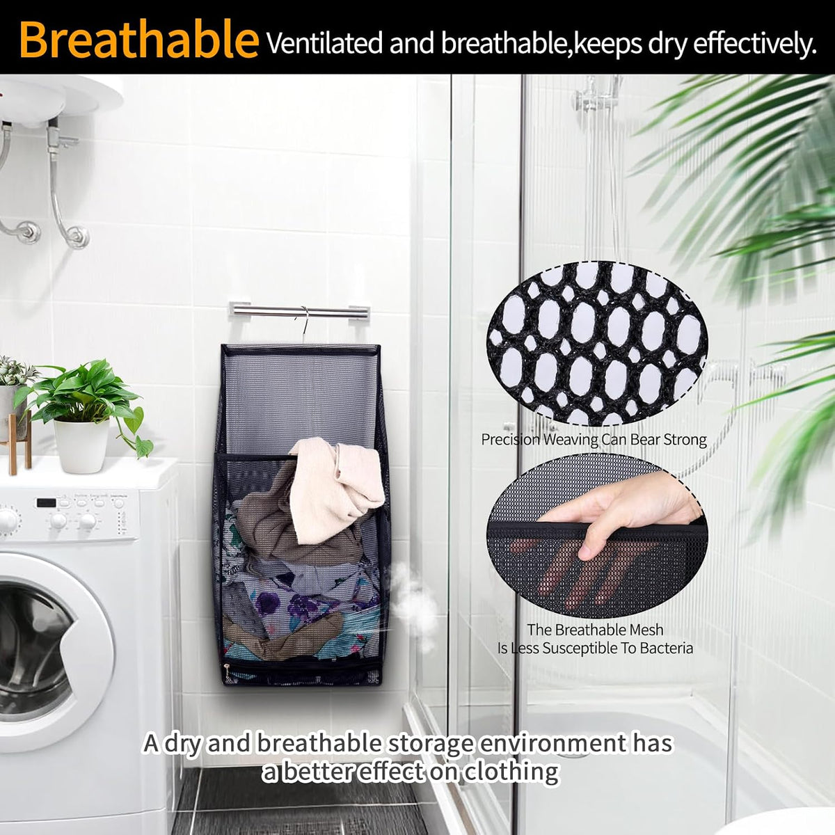 Hanging Mesh Laundry Bag - Collapsible, Space-Saving (Black)