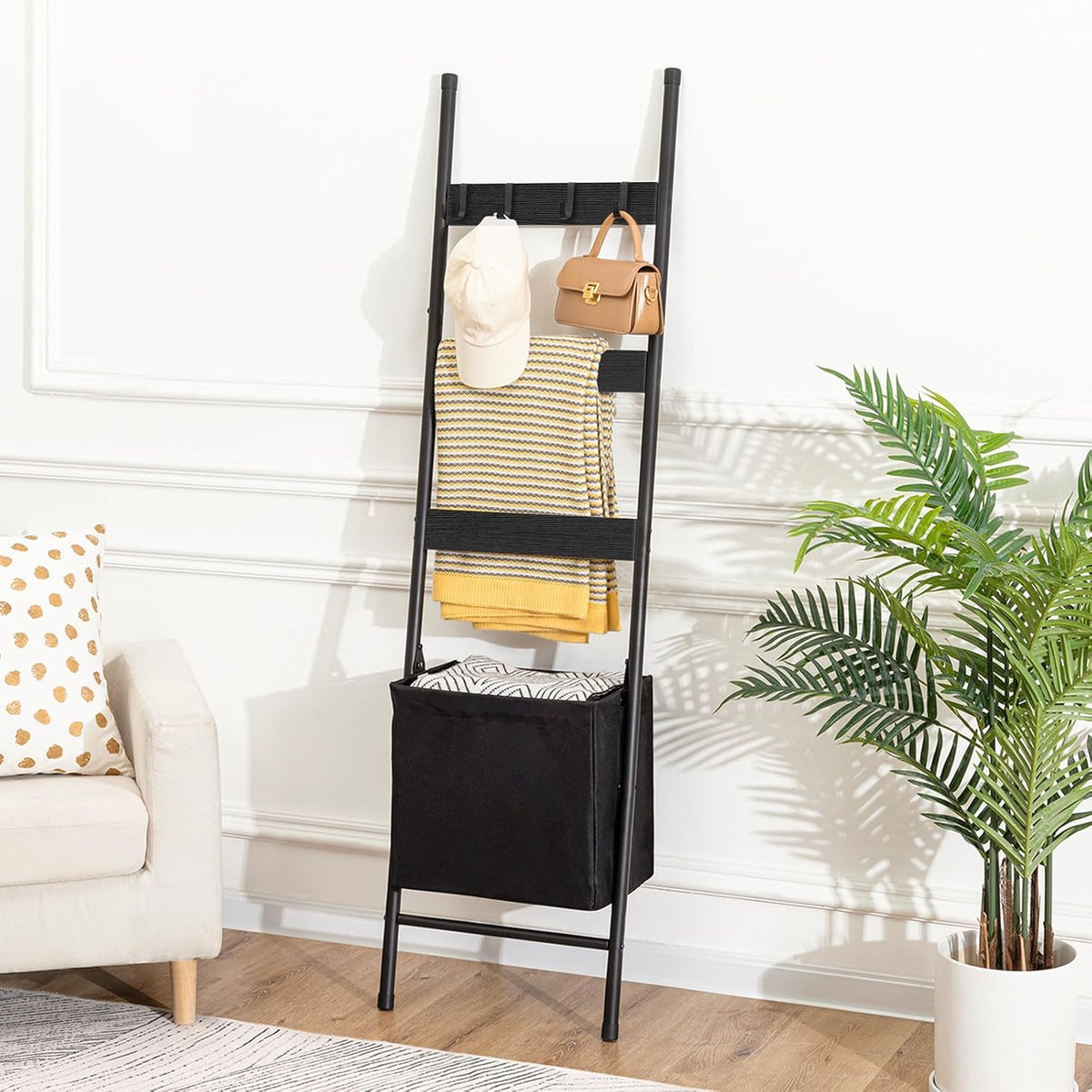 Blanket Ladder with Basket - 63In Towel Rack, Black